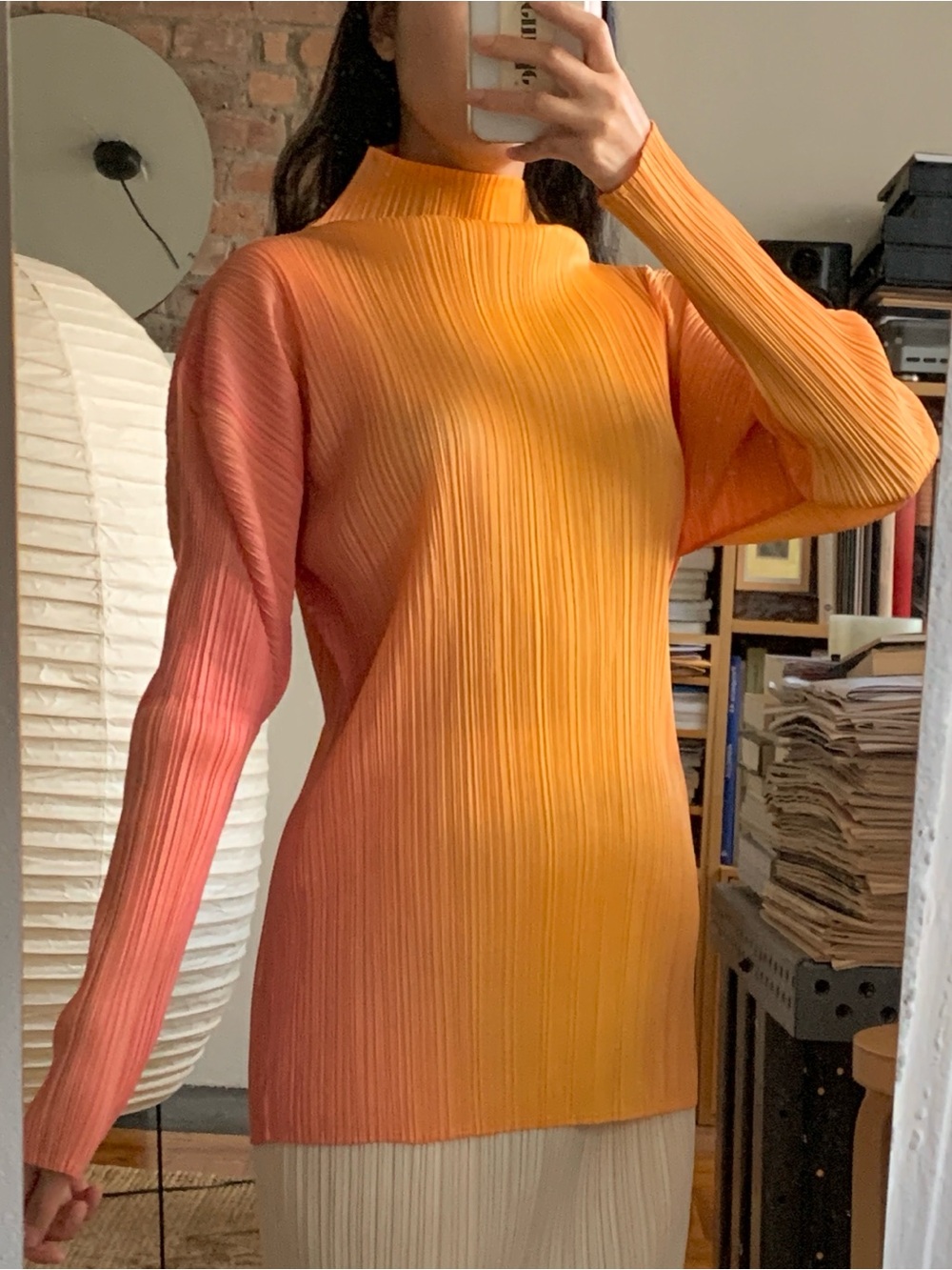 Issey Miyake Pleats Please Ombre Orange Turtleneck Top
